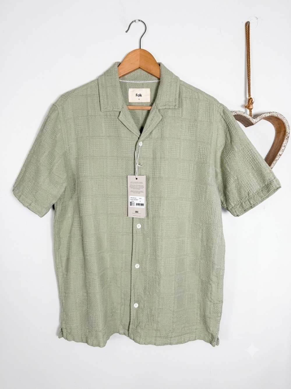 Folk Clothing Men's Dax Wax Short Sleeve Shirt Sage Green Waffle Texture Sz Smal